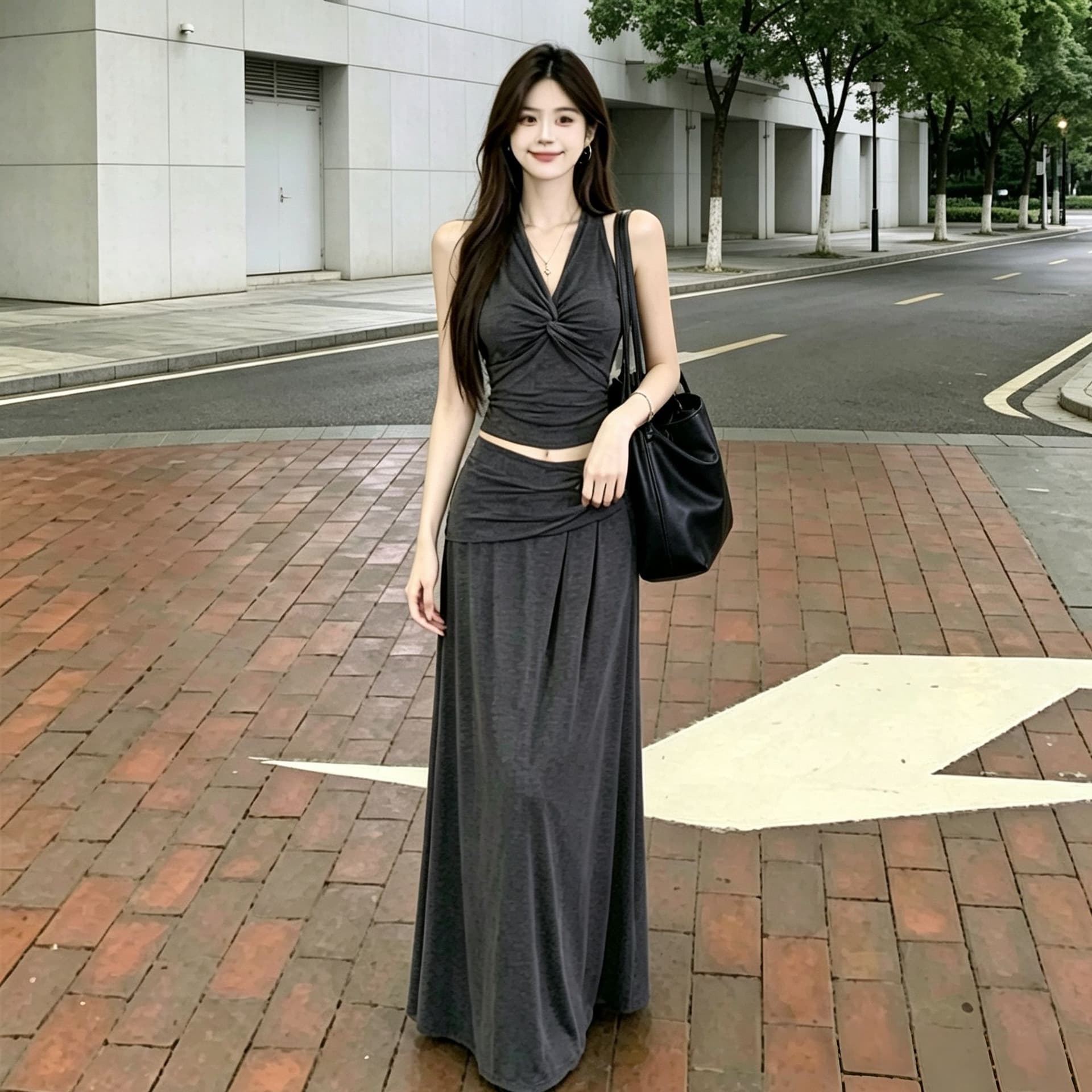 한 부서 순수한 욕망 핫걸 행침 목 V넥 비틀림 조끼 여성 슬림해 보이는 표지 넓적 다리 도루 센스 롱 코트 반신 스커트 투피스 세트 상세 이미지 22