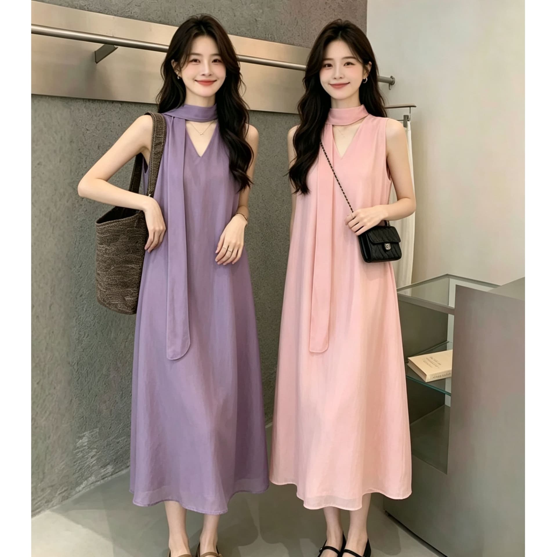 2026 레트로 패션 여름 다용도 디스플레이 풀오버 휴가 캐주얼 민소매 드레스 리본 치마 칼라 대 조끼