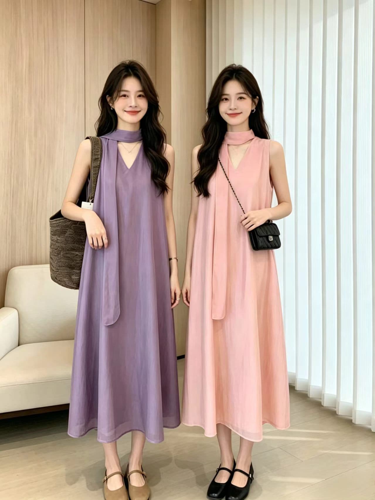 2026 레트로 패션 여름 다용도 디스플레이 풀오버 휴가 캐주얼 민소매 드레스 리본 치마 칼라 대 조끼 상세 이미지 1