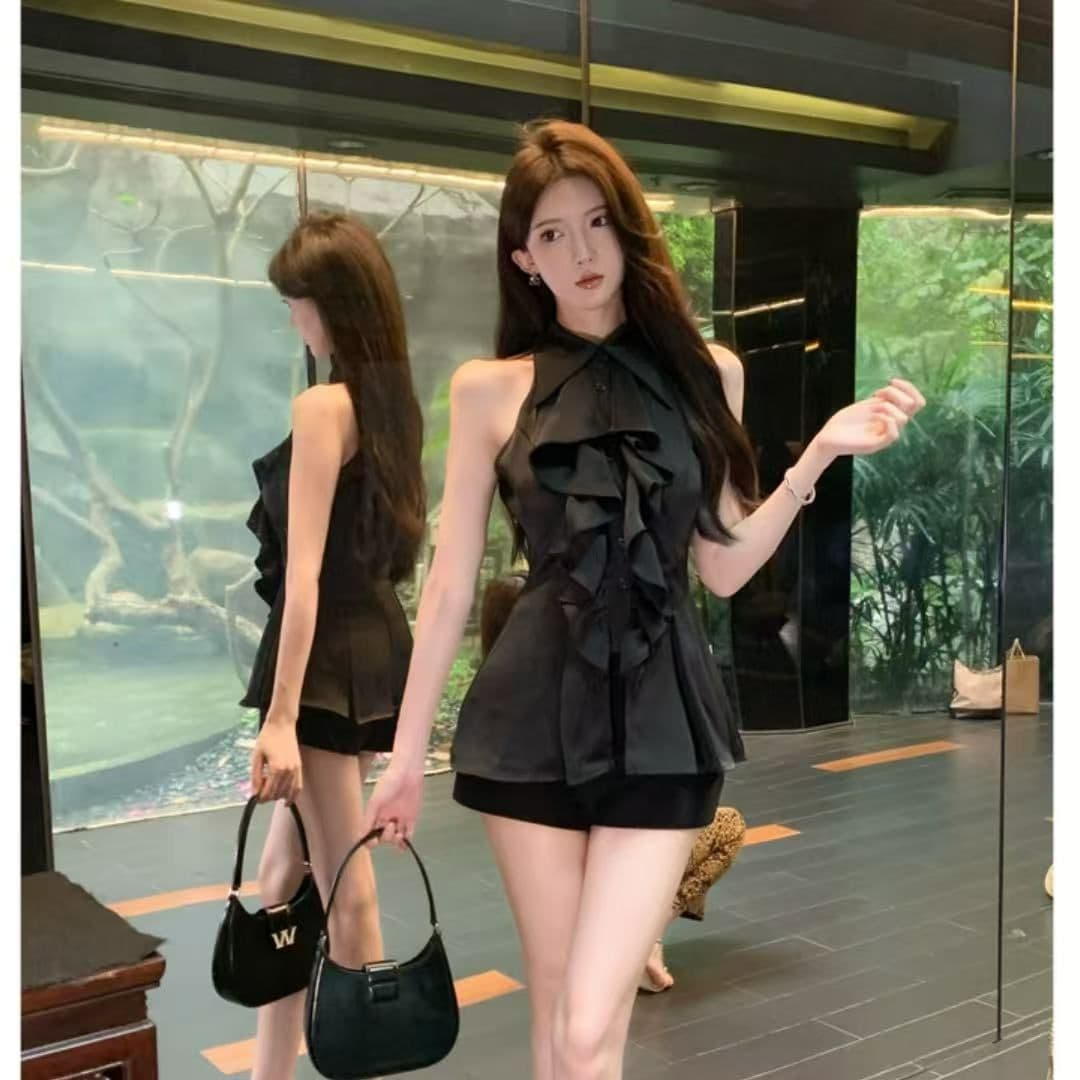 프릴 민소매 셔츠 맨위 여성 여름 프랑스식 품격 중간 길이 허리 수축 몸매 가꾸기 셔츠 이미지 4