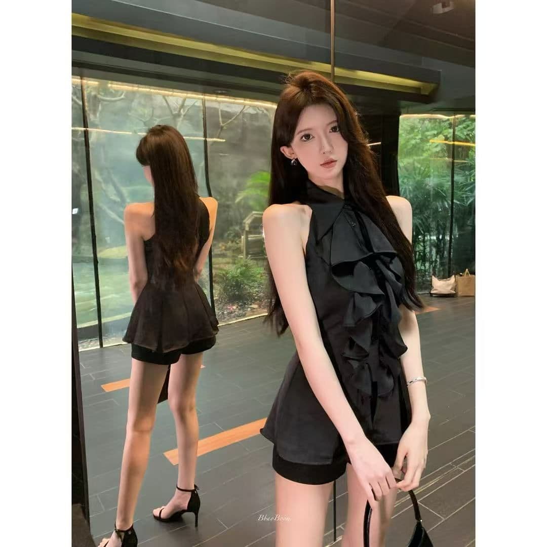 프릴 민소매 셔츠 맨위 여성 여름 프랑스식 품격 중간 길이 허리 수축 몸매 가꾸기 셔츠 이미지 3