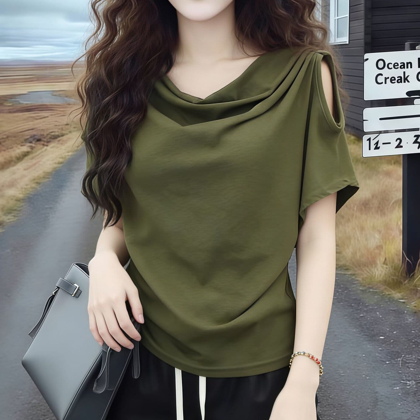 사람들 면 녹색 흔들다 칼라 반팔 티셔츠 여성 26 새로운 올해 인기 폭발 디자인 센스 오프숄더 맨위 이미지 5