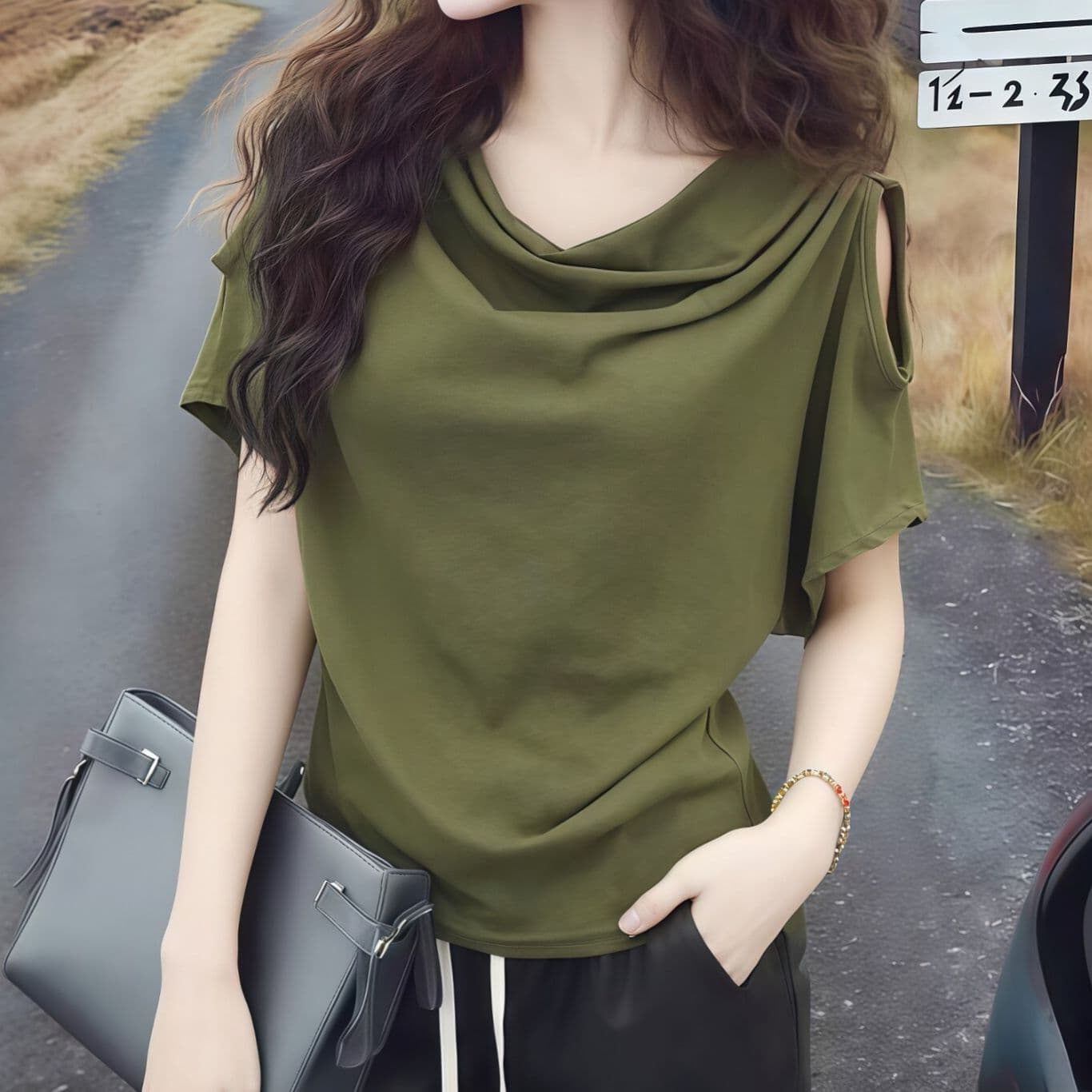 사람들 면 녹색 흔들다 칼라 반팔 티셔츠 여성 26 새로운 올해 인기 폭발 디자인 센스 오프숄더 맨위 이미지 2