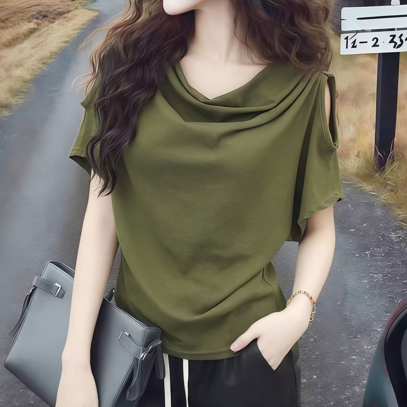 사람들 면 녹색 흔들다 칼라 반팔 티셔츠 여성 26 새로운 올해 인기 폭발 디자인 센스 오프숄더 맨위 이미지 4