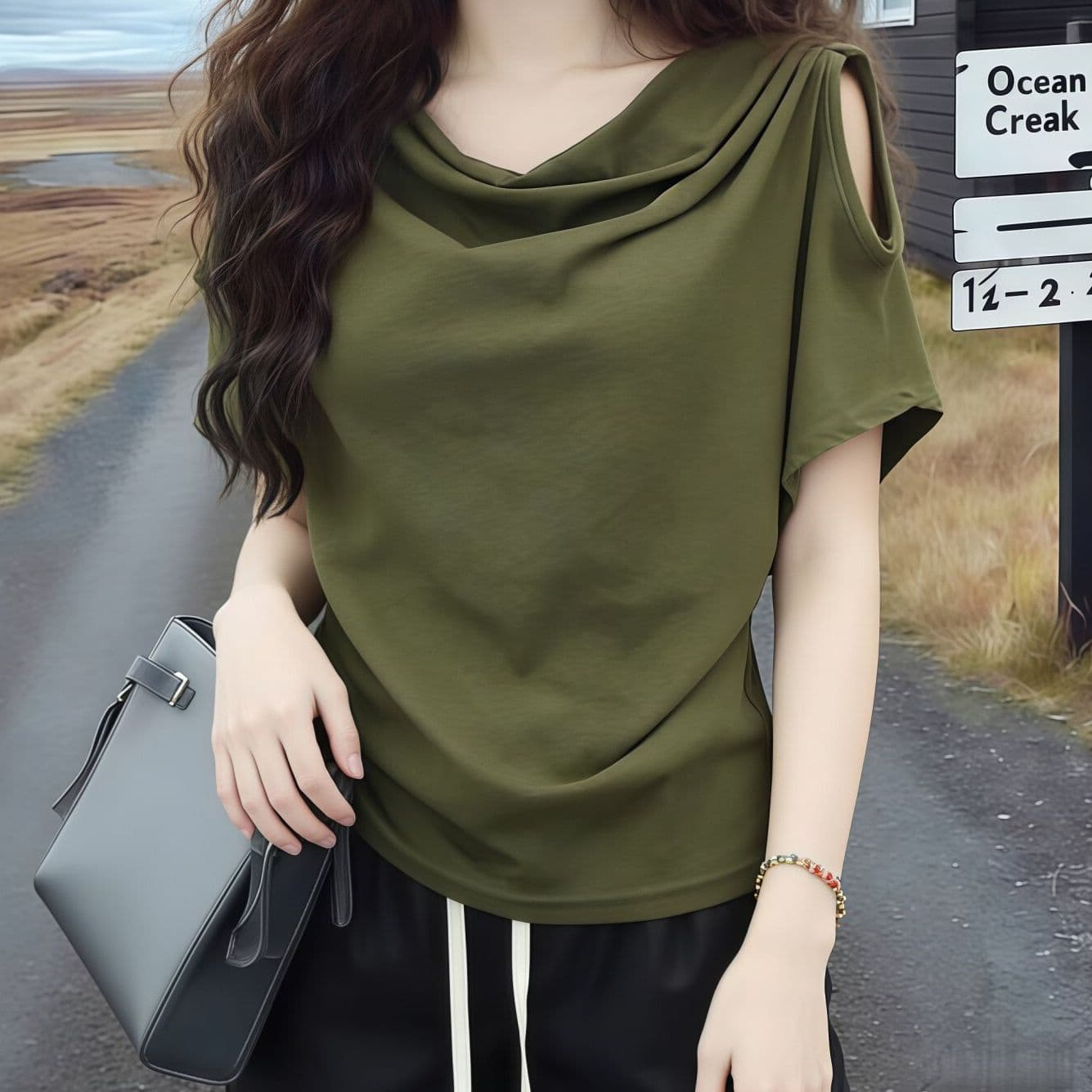 사람들 면 녹색 흔들다 칼라 반팔 티셔츠 여성 26 새로운 올해 인기 폭발 디자인 센스 오프숄더 맨위
