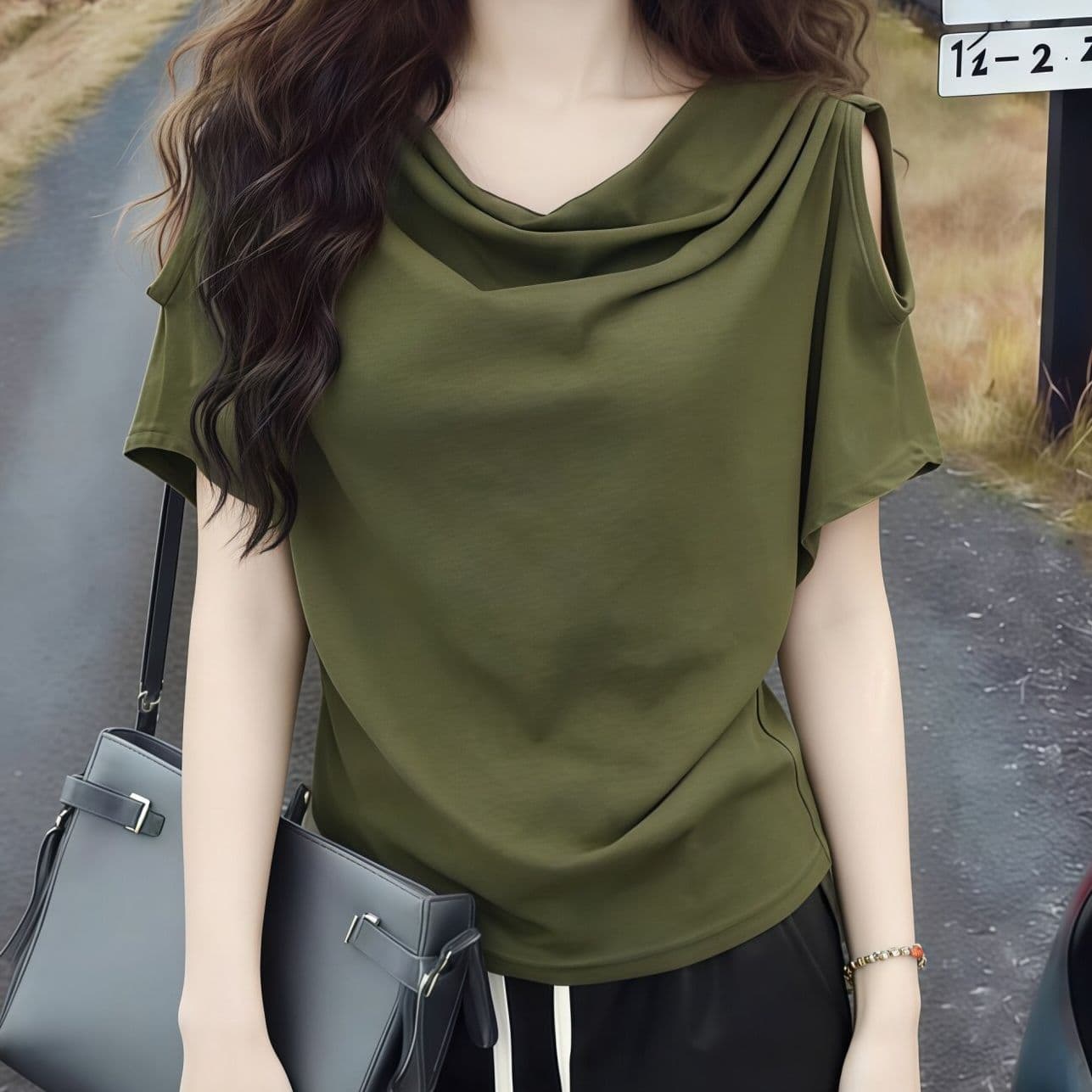 사람들 면 녹색 흔들다 칼라 반팔 티셔츠 여성 26 새로운 올해 인기 폭발 디자인 센스 오프숄더 맨위 이미지 3
