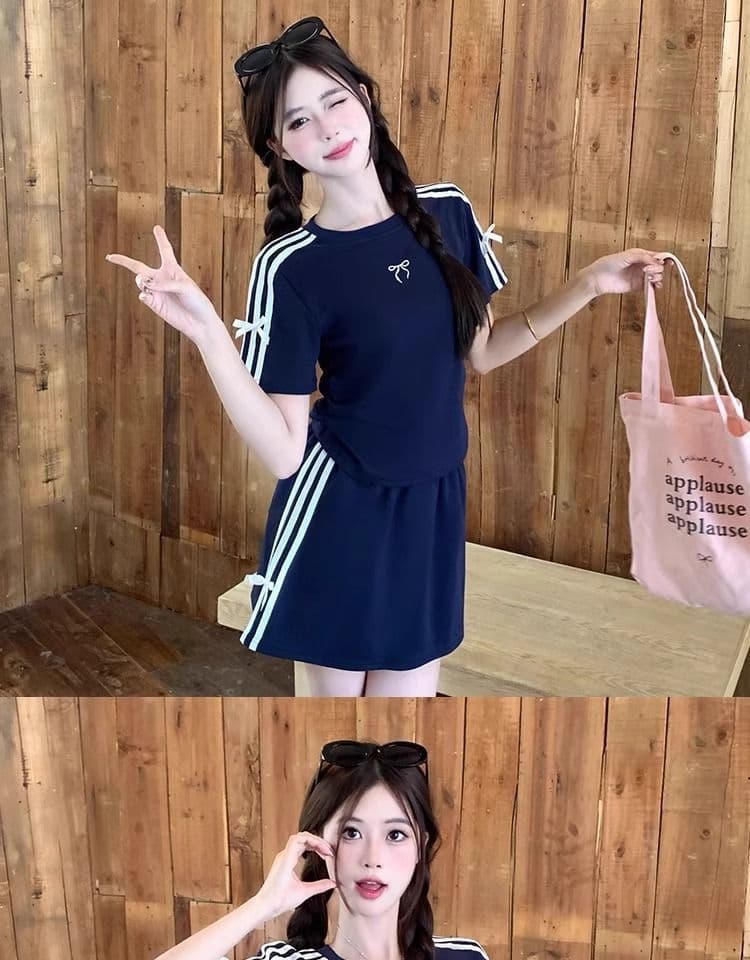 2026 새로운 운동 바람 패션 세트 여성 여름 슬림해 보이는 캐주얼 반팔 맨위 타이트 스커트 반신 스커트 투피스 세트 상세 이미지 6