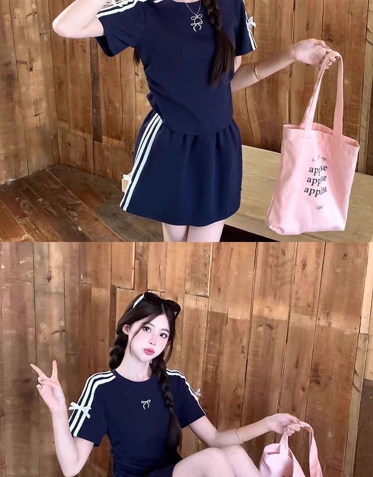 2026 새로운 운동 바람 패션 세트 여성 여름 슬림해 보이는 캐주얼 반팔 맨위 타이트 스커트 반신 스커트 투피스 세트 상세 이미지 7