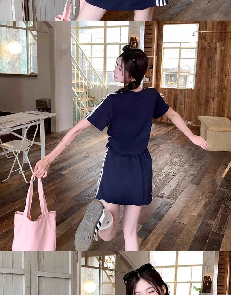2026 새로운 운동 바람 패션 세트 여성 여름 슬림해 보이는 캐주얼 반팔 맨위 타이트 스커트 반신 스커트 투피스 세트 상세 이미지 10