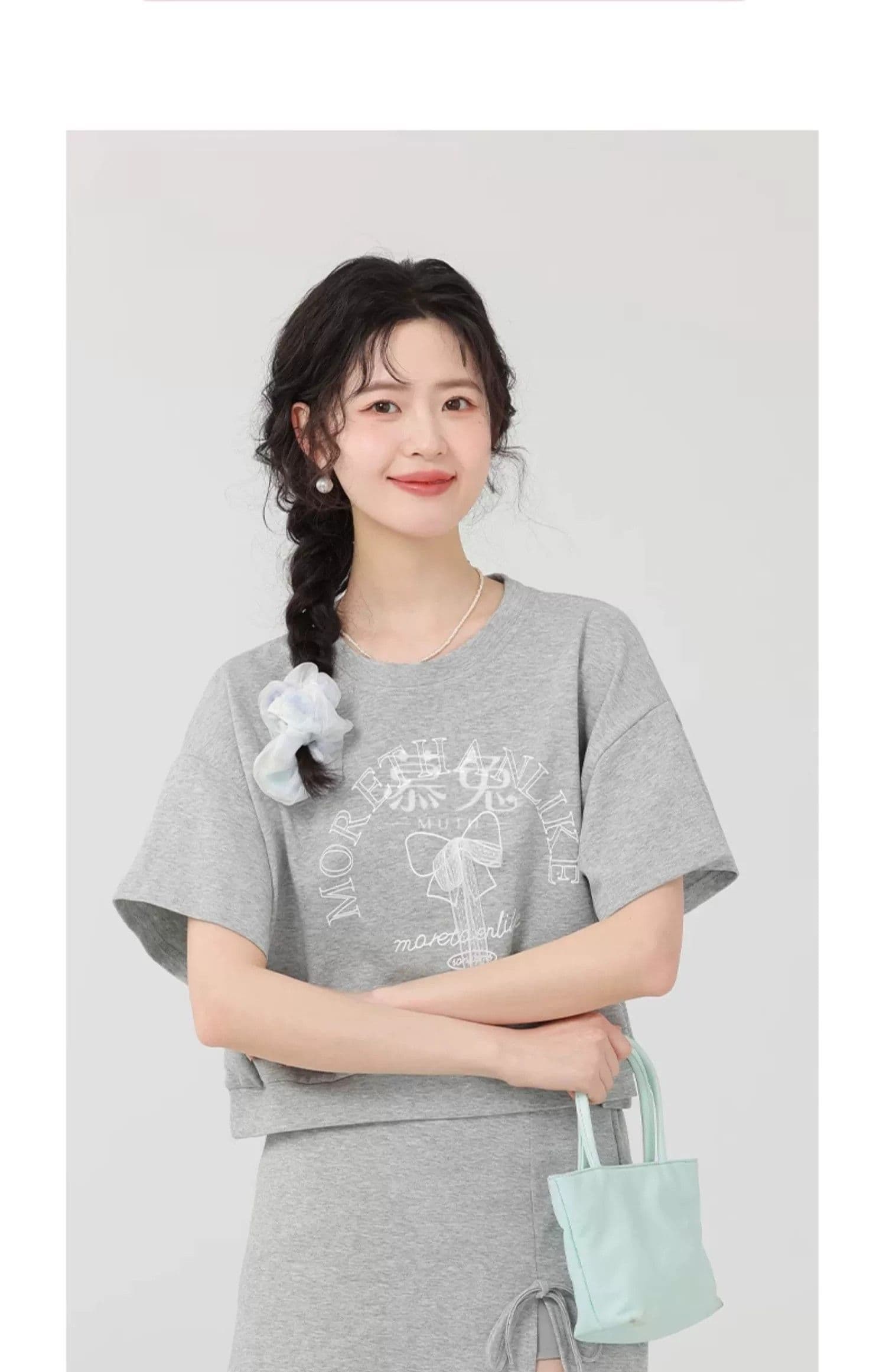 달콤함 학원 스타일 여성 여름 새로운 반팔 프린트 티셔츠 하이웨이스트 레이스 반신 스커트 투피스 슈트 상세 이미지 11