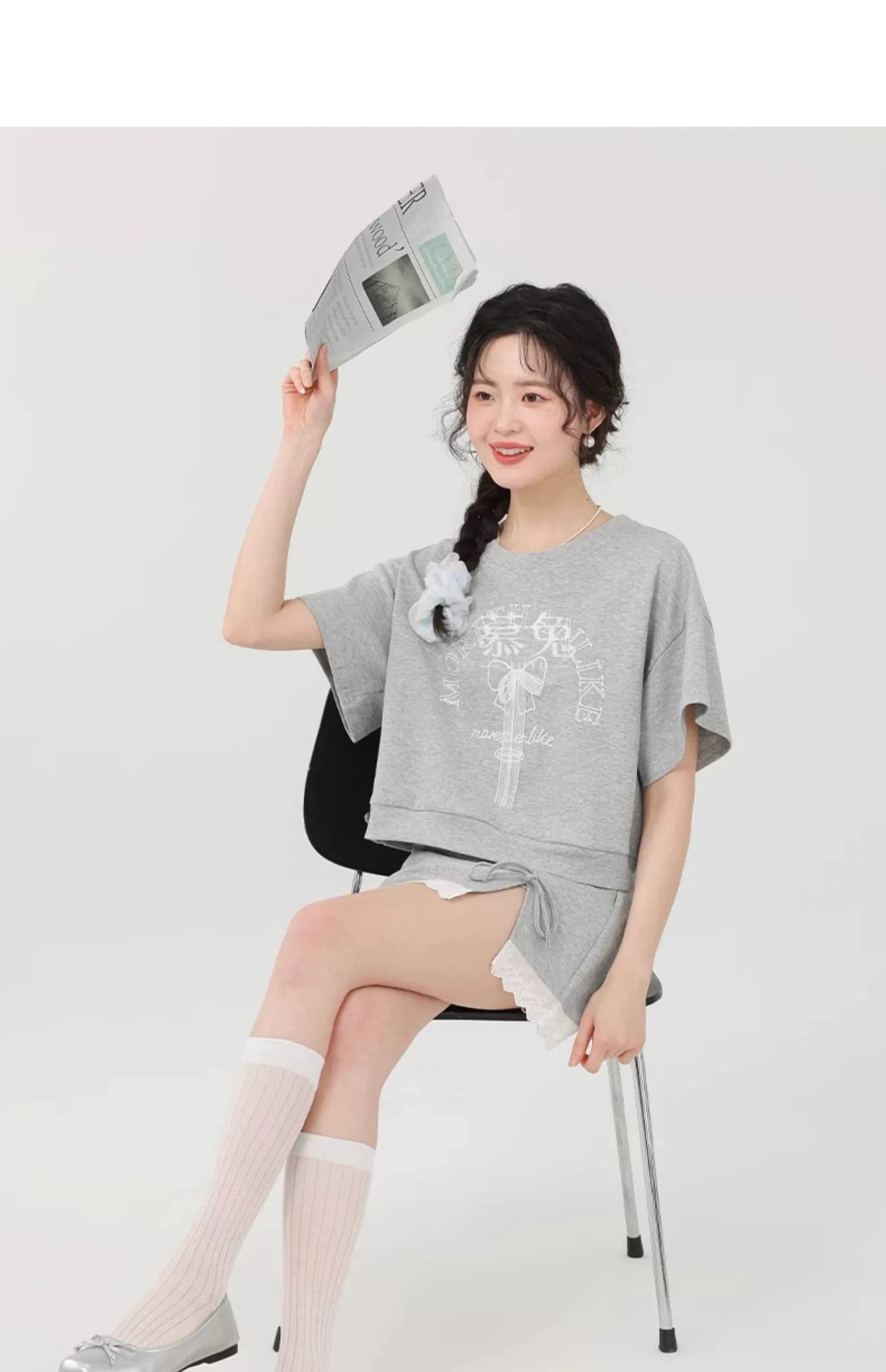 달콤함 학원 스타일 여성 여름 새로운 반팔 프린트 티셔츠 하이웨이스트 레이스 반신 스커트 투피스 슈트 상세 이미지 12