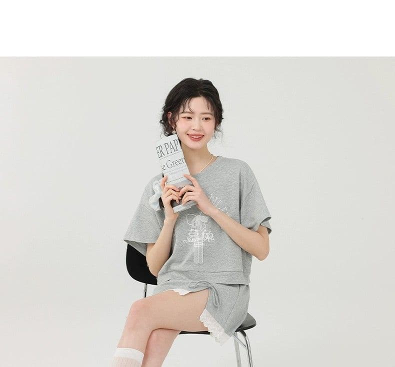 달콤함 학원 스타일 여성 여름 새로운 반팔 프린트 티셔츠 하이웨이스트 레이스 반신 스커트 투피스 슈트 상세 이미지 18