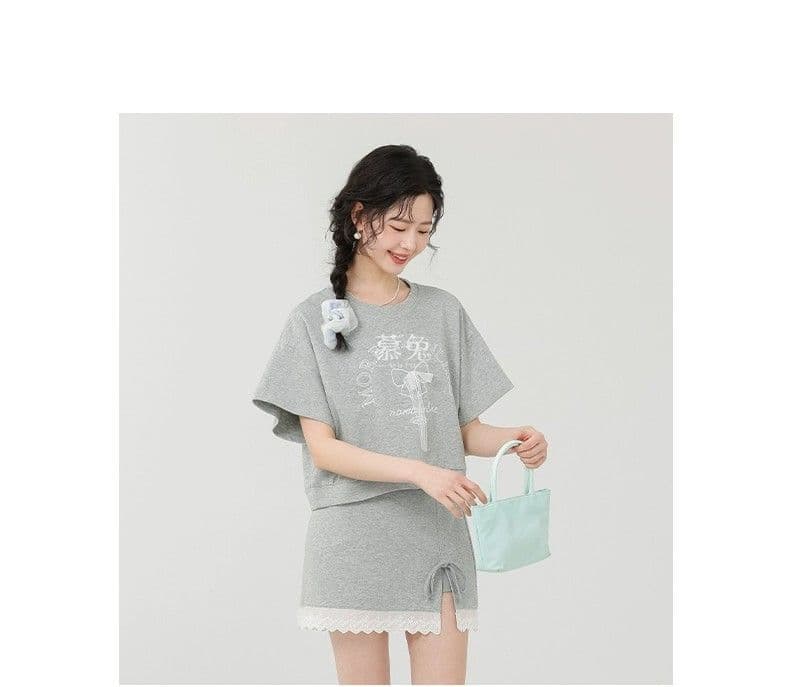 달콤함 학원 스타일 여성 여름 새로운 반팔 프린트 티셔츠 하이웨이스트 레이스 반신 스커트 투피스 슈트 상세 이미지 20