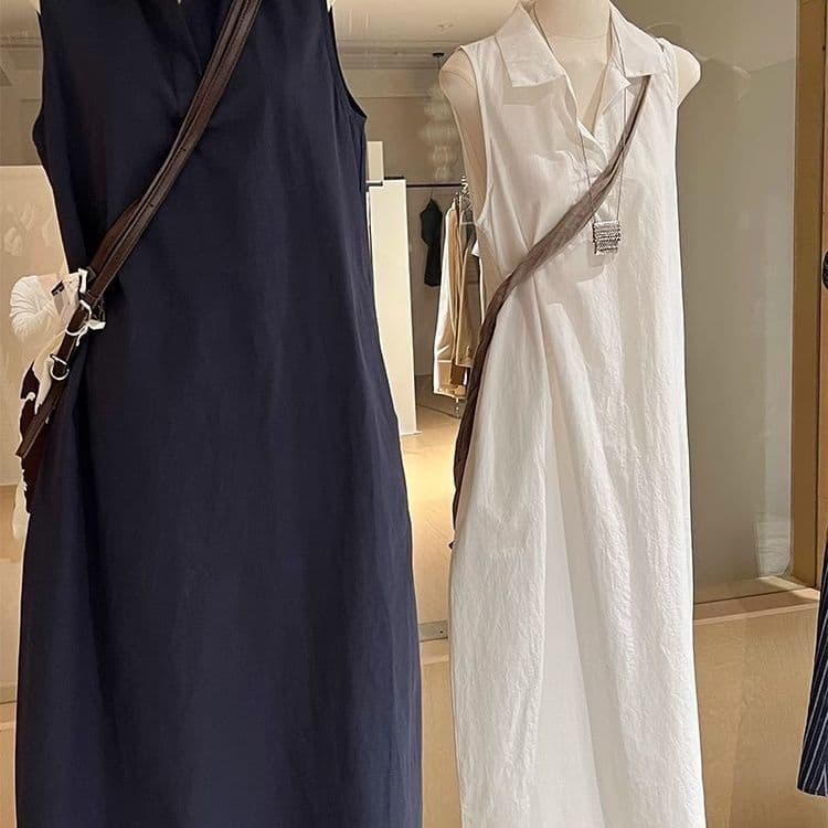 미니멀리즘 관대 한 POLO 칼라 민소매 여성 드레스 여름 일상 루즈핏 품격 조끼 스커트 느슨함 센스 화이트 롱 스커트 상세 이미지 5