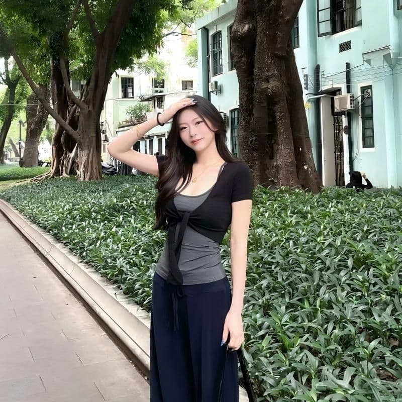 여름 순수한 욕망 몸매 가꾸기 블랙 회색 배색 행침 목 홀로우 아웃 작은 슬링 외부 가져 가라. 쇼트 스타일 오픈 가디건 레트로 절묘한 투피스 세트 상세 이미지 13