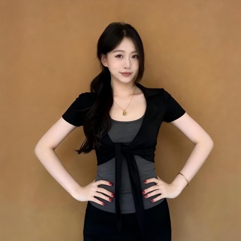 여름 순수한 욕망 몸매 가꾸기 블랙 회색 배색 행침 목 홀로우 아웃 작은 슬링 외부 가져 가라. 쇼트 스타일 오픈 가디건 레트로 절묘한 투피스 세트 상세 이미지 15