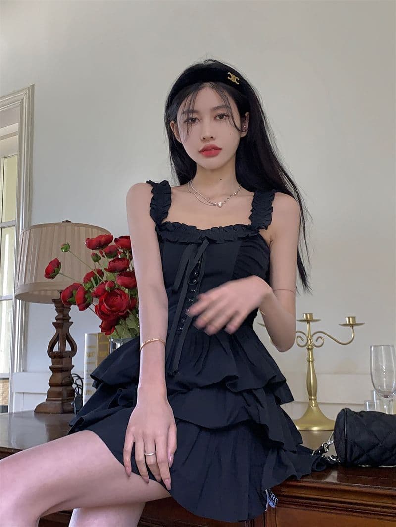 고급 귀 작은 검은 드레스 여름 작은 키 새로운 연꽃 잎 프랑스식 케이크 허리 수축 검정색 슬립 드레스 상세 이미지 9
