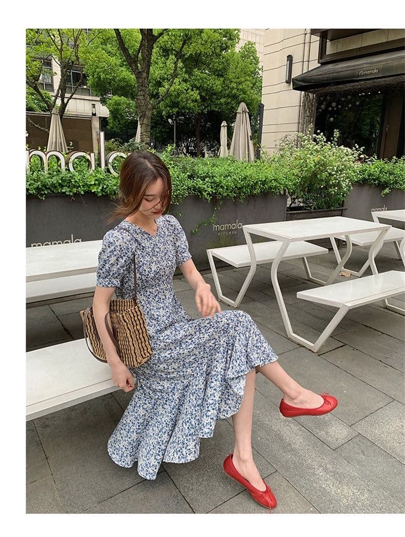 프랑스식 버블 반팔 꽃무늬 드레스 고급 센스 2026 년 새로운 허리 수축 인어 꼬리 스커트 아이들 여름 롱 스커트 상세 이미지 1