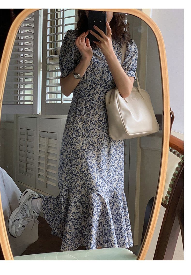 프랑스식 버블 반팔 꽃무늬 드레스 고급 센스 2026 년 새로운 허리 수축 인어 꼬리 스커트 아이들 여름 롱 스커트 상세 이미지 7
