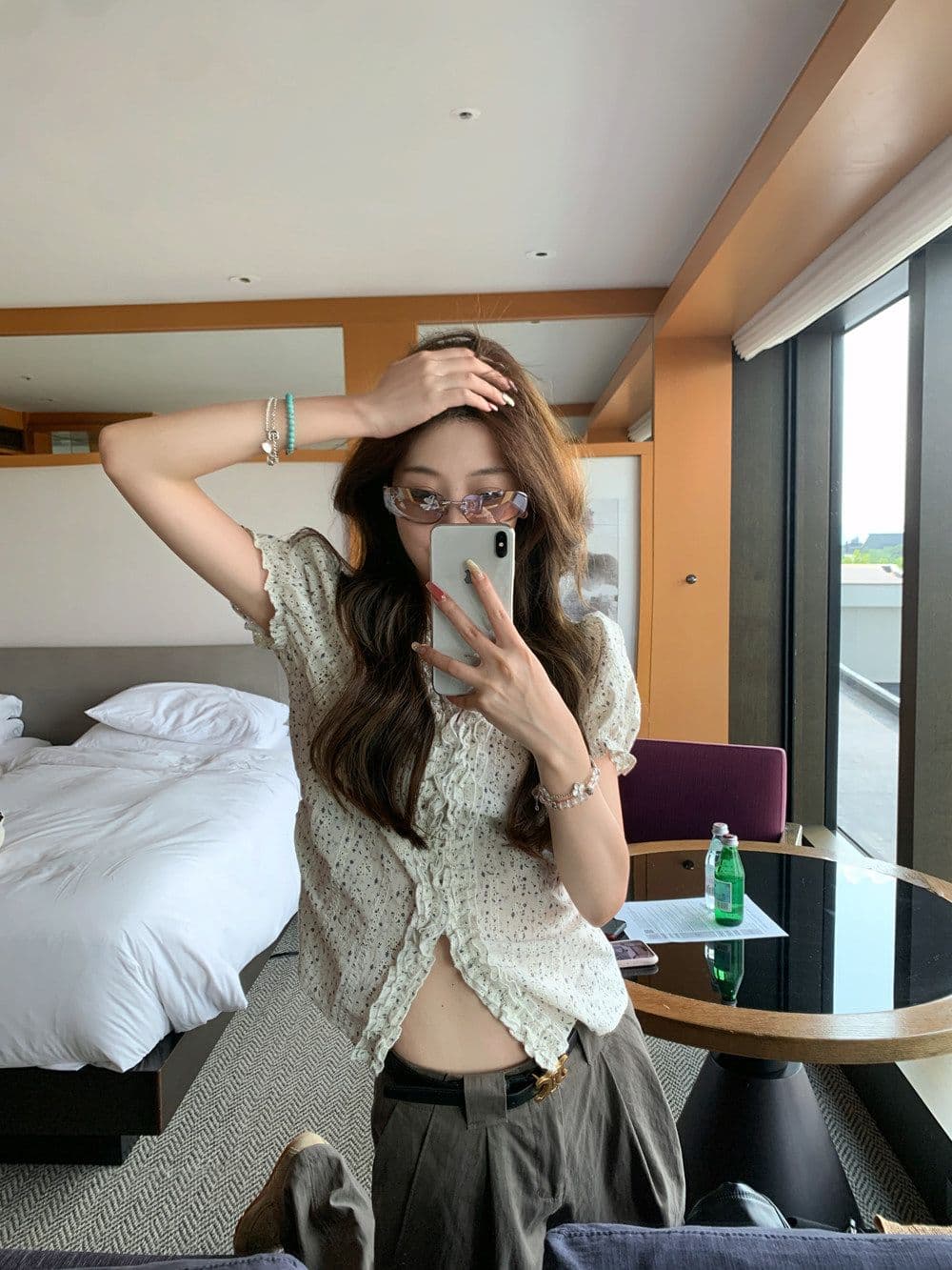 원본 원단 프릴 반팔 셔츠 여성 여름 V넥 몸매 가꾸기 슬림해 보이는 거품 소매 프랑스식 맨위 상세 이미지 15