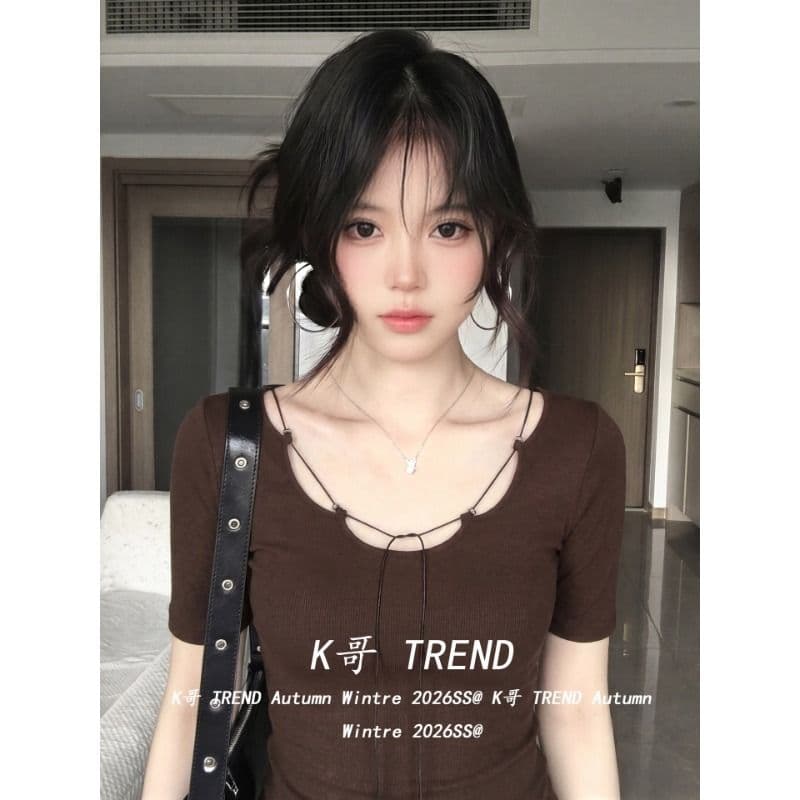 사람들 면 260 그램 핫걸 바람 커피 색상 반팔 티셔츠 여성 여름 디자인 센스 레이스업 몸매 가꾸기 슬림해 보이는 맨위 이미지 4