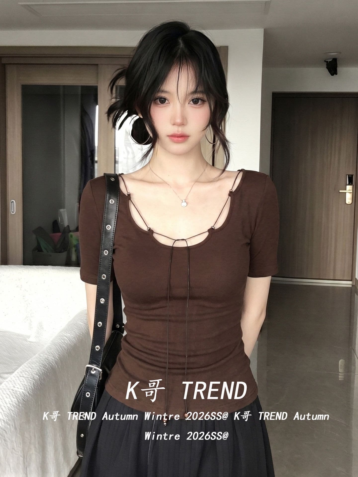 사람들 면 260 그램 핫걸 바람 커피 색상 반팔 티셔츠 여성 여름 디자인 센스 레이스업 몸매 가꾸기 슬림해 보이는 맨위 상세 이미지 4