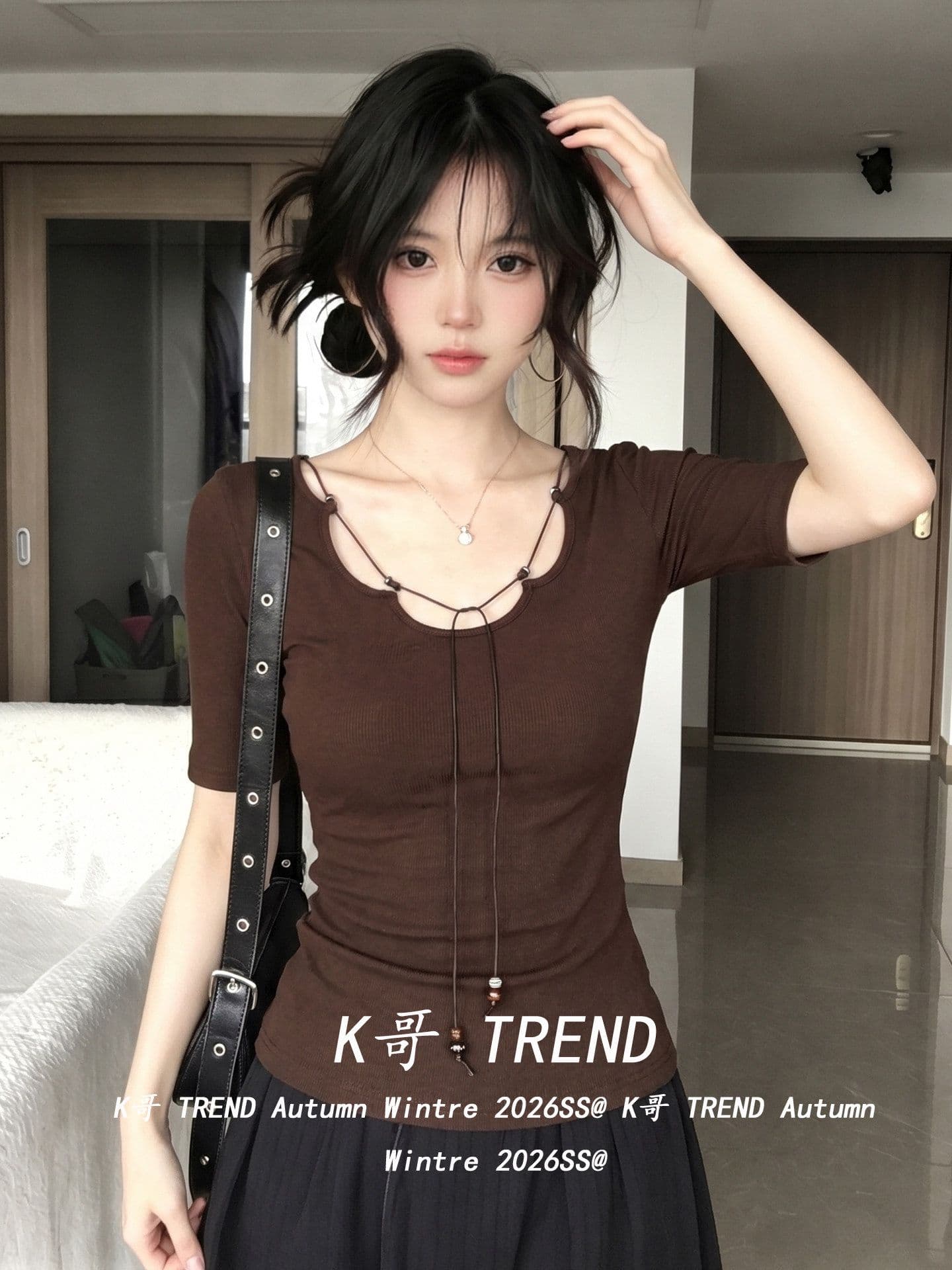 사람들 면 260 그램 핫걸 바람 커피 색상 반팔 티셔츠 여성 여름 디자인 센스 레이스업 몸매 가꾸기 슬림해 보이는 맨위 상세 이미지 8
