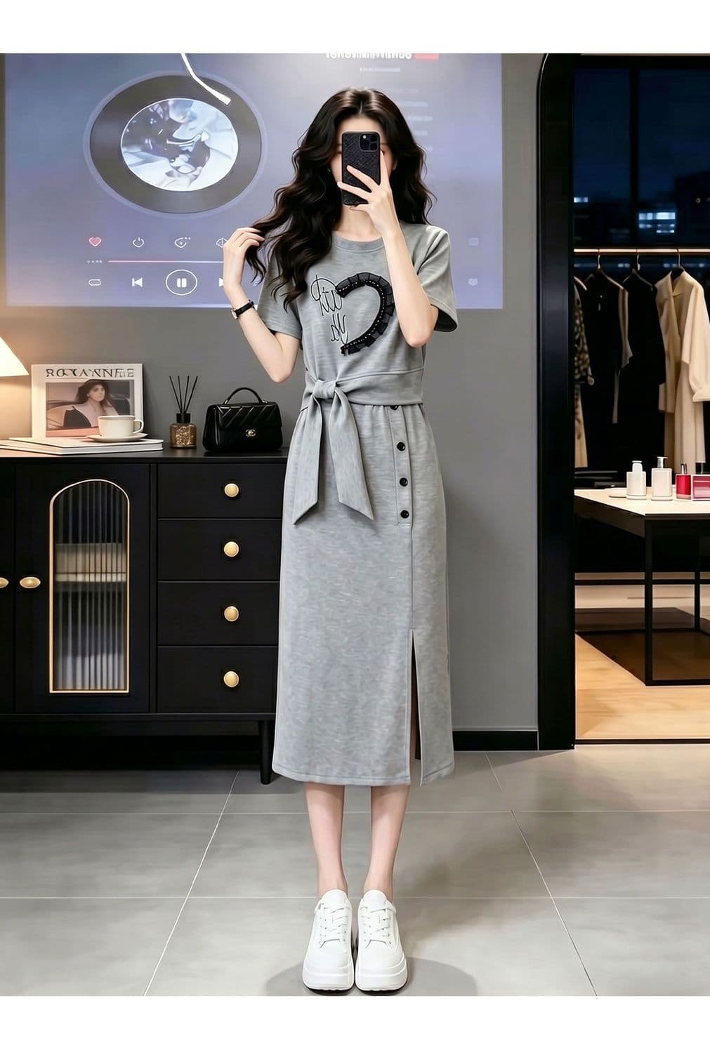 품격 캐주얼 운동 치마 여성 여름 패션 연령 감소 디자인 센스 반팔 맨위 반신 스커트 투피스 세트 상세 이미지 4