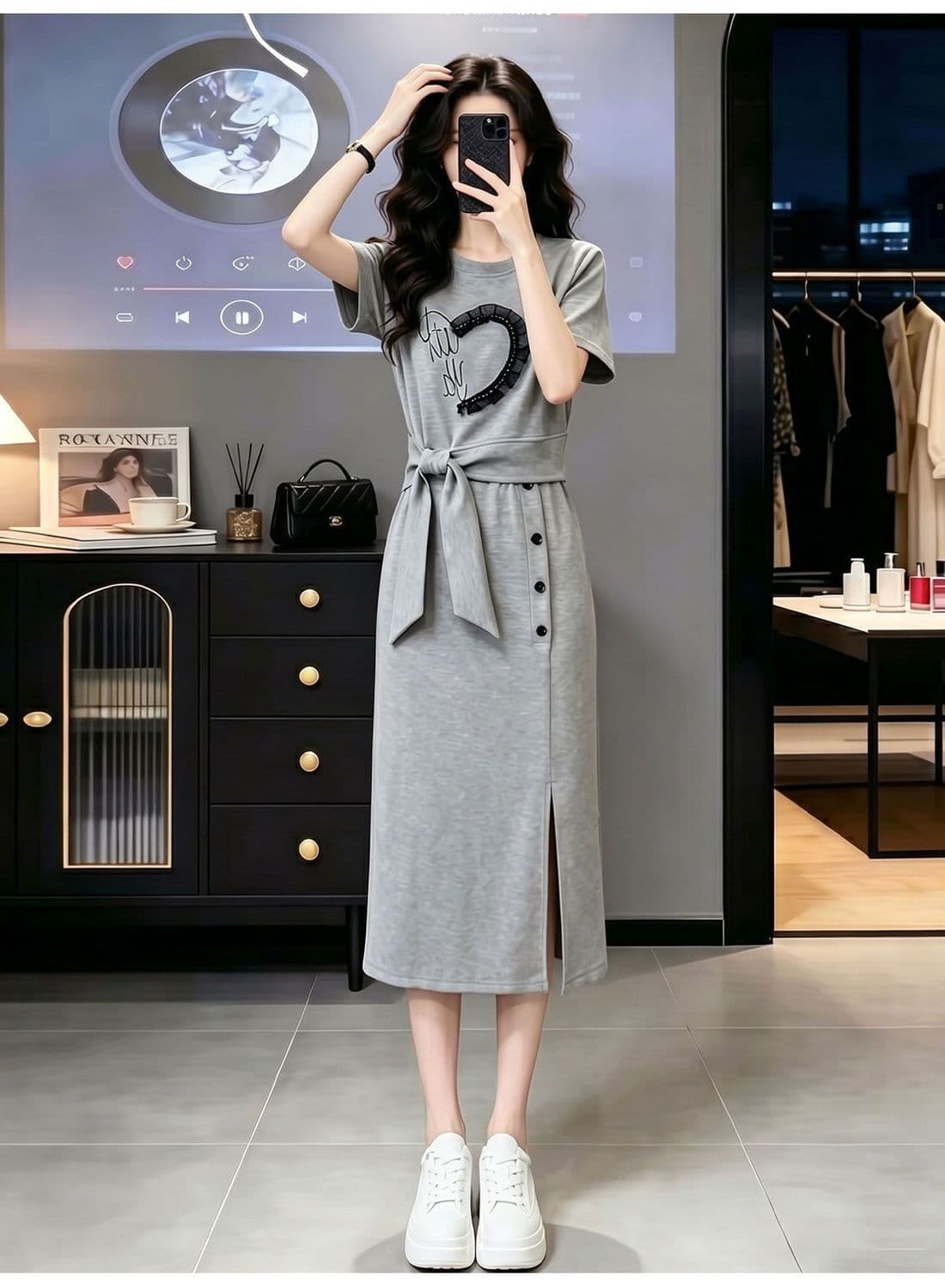 품격 캐주얼 운동 치마 여성 여름 패션 연령 감소 디자인 센스 반팔 맨위 반신 스커트 투피스 세트 상세 이미지 6