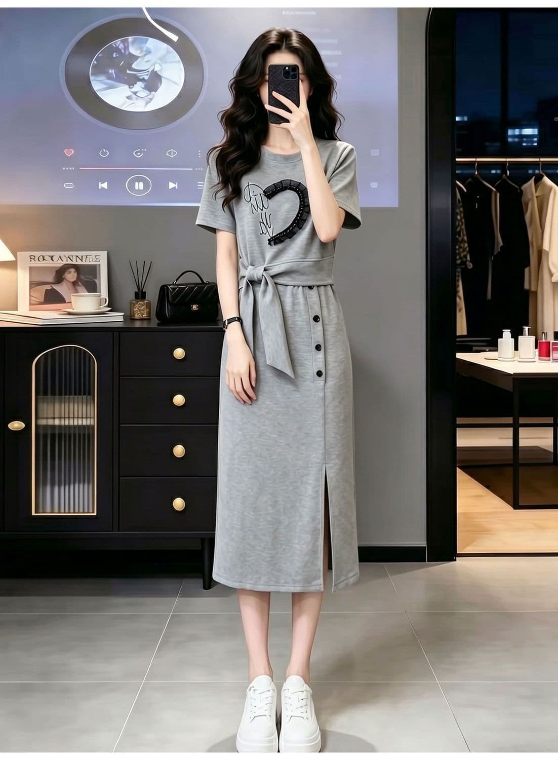 품격 캐주얼 운동 치마 여성 여름 패션 연령 감소 디자인 센스 반팔 맨위 반신 스커트 투피스 세트 상세 이미지 8