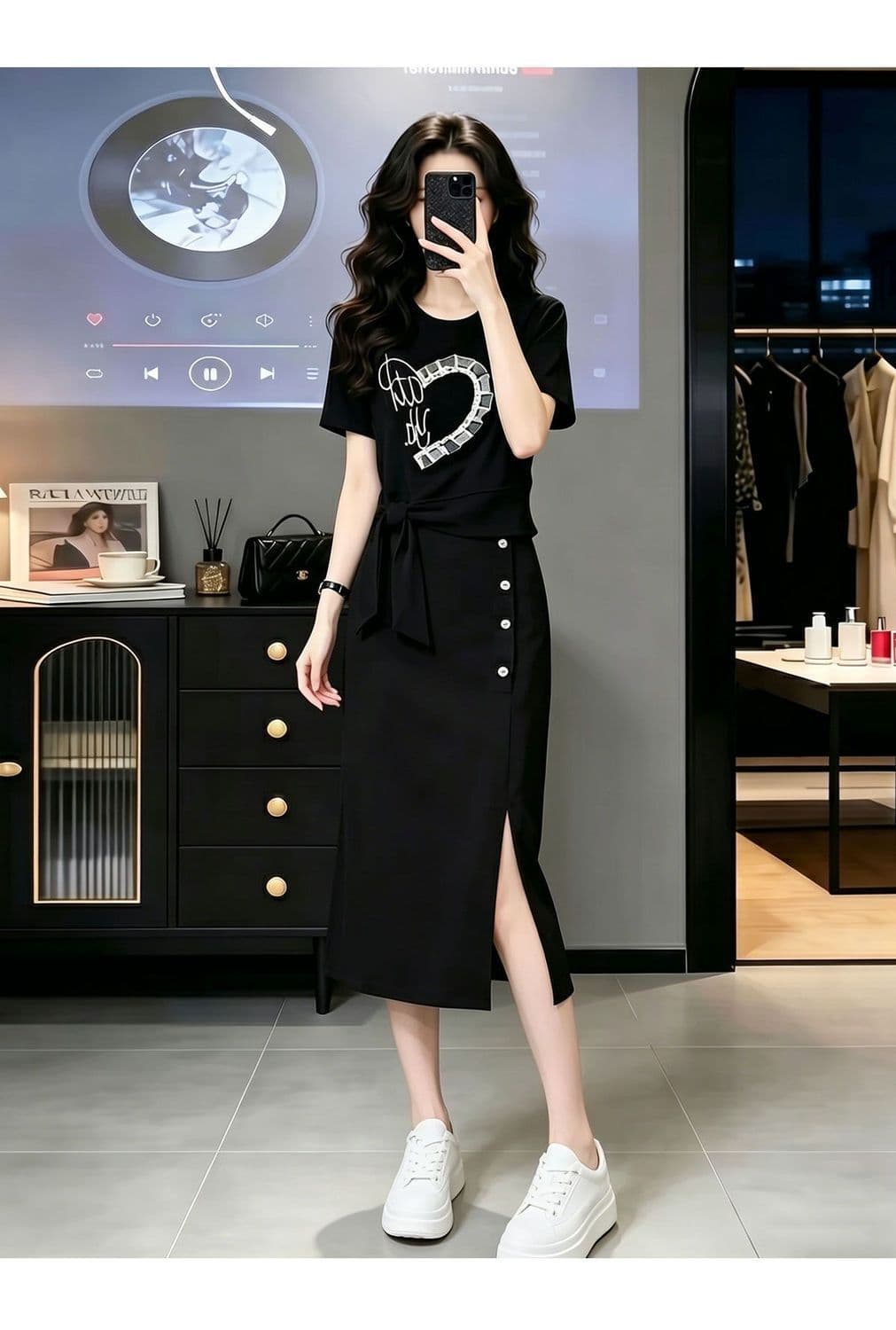 품격 캐주얼 운동 치마 여성 여름 패션 연령 감소 디자인 센스 반팔 맨위 반신 스커트 투피스 세트 상세 이미지 13