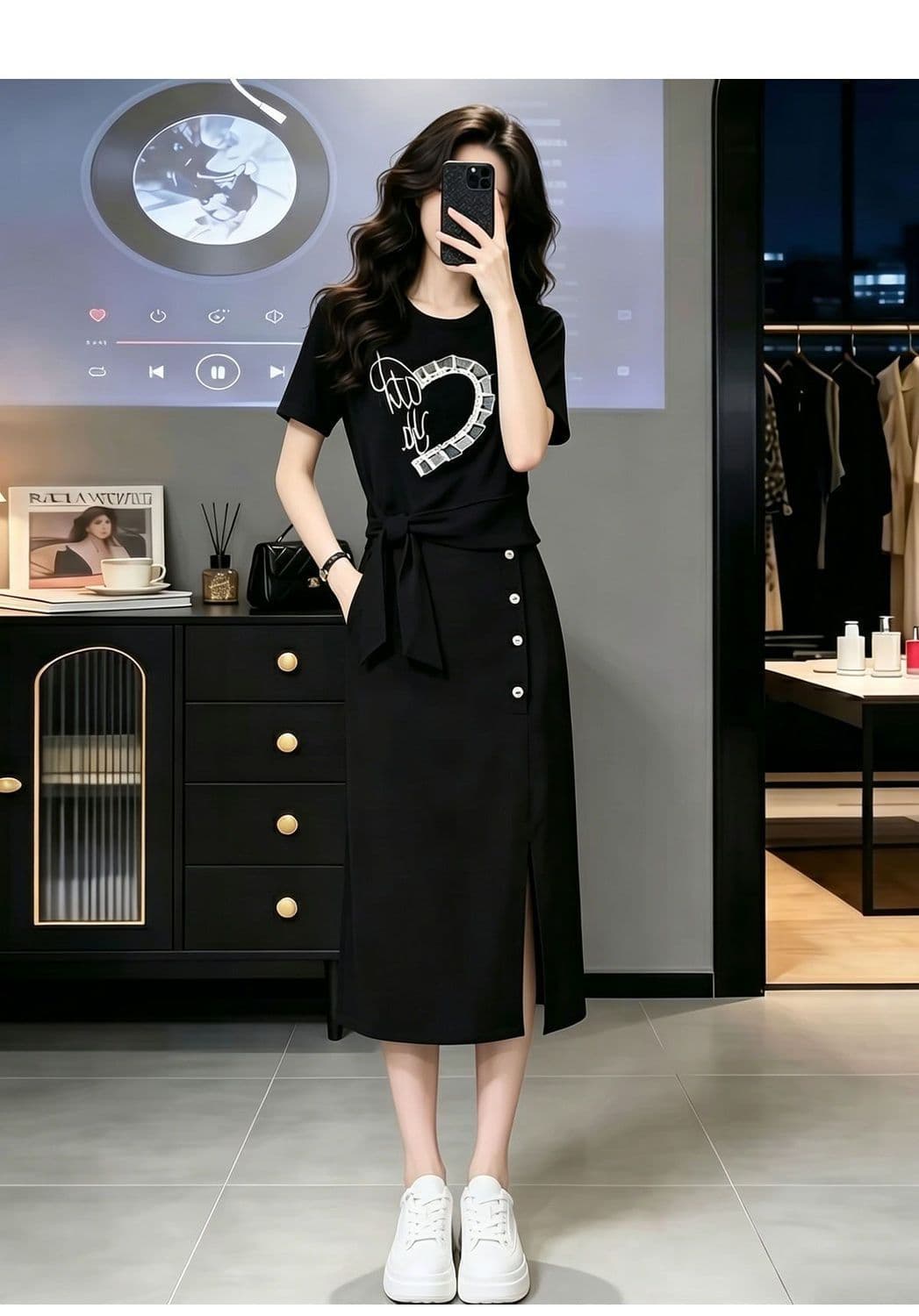 품격 캐주얼 운동 치마 여성 여름 패션 연령 감소 디자인 센스 반팔 맨위 반신 스커트 투피스 세트 상세 이미지 14