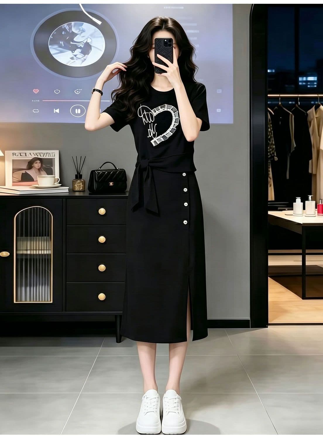 품격 캐주얼 운동 치마 여성 여름 패션 연령 감소 디자인 센스 반팔 맨위 반신 스커트 투피스 세트 상세 이미지 16