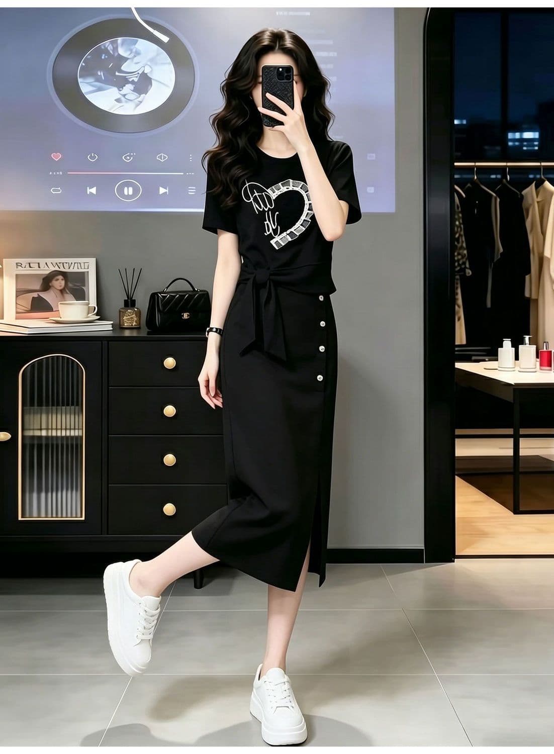 품격 캐주얼 운동 치마 여성 여름 패션 연령 감소 디자인 센스 반팔 맨위 반신 스커트 투피스 세트 상세 이미지 17