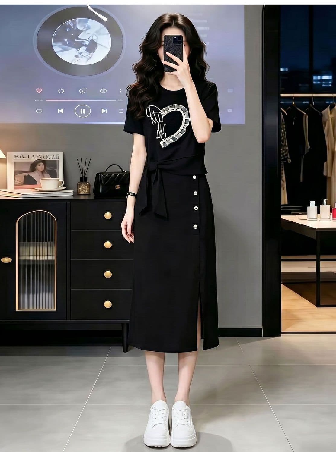 품격 캐주얼 운동 치마 여성 여름 패션 연령 감소 디자인 센스 반팔 맨위 반신 스커트 투피스 세트 상세 이미지 18