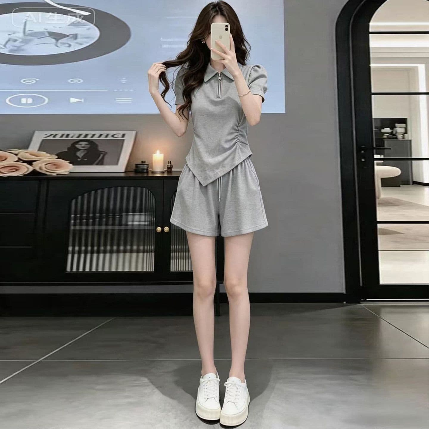 회색 캐주얼 운동 반팔 세트 여성 여름 패션 인터넷 유명인 튀김 거리 장난기 넘치는 활기찬 넓은 다리가 짧다. 바지 투피스 세트 상세 이미지 4