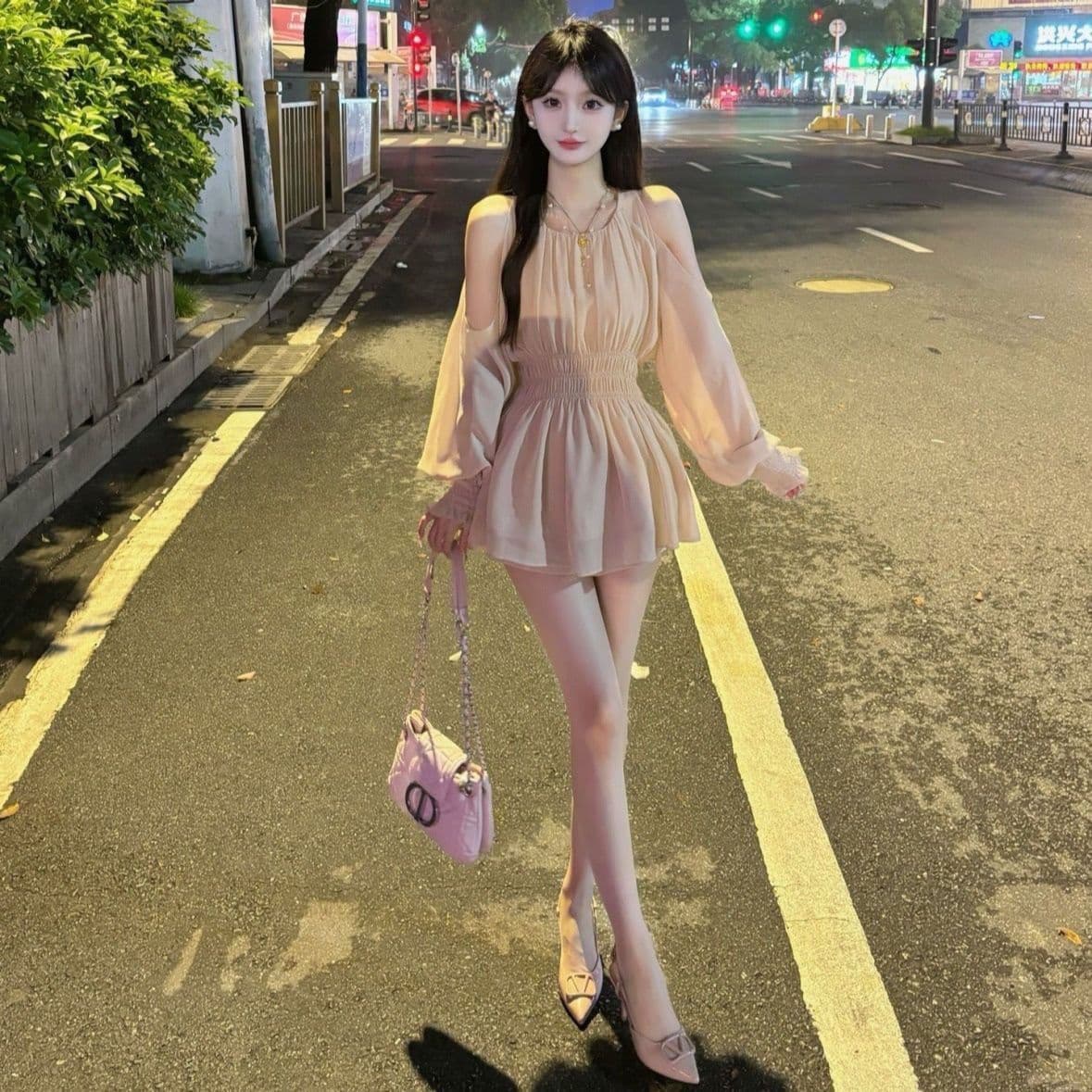 여름 새로운 품격 숙녀 부드러운 바람 고급 센스 새는 어깨 쉬폰 허리 수축 슬림해 보이는 맨위 하이웨이스트 반바지 트렌디 상세 이미지 5
