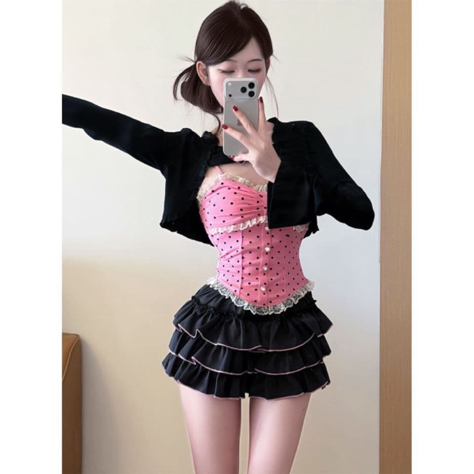핫걸 빛 럭셔리 맞춤 순수한 욕망 바람 몸매 가꾸기 슬림해 보이는 달콤한 매운맛 슬립 검정색 오픈 가디건 퍼프 케이크 치마 세트 이미지 5