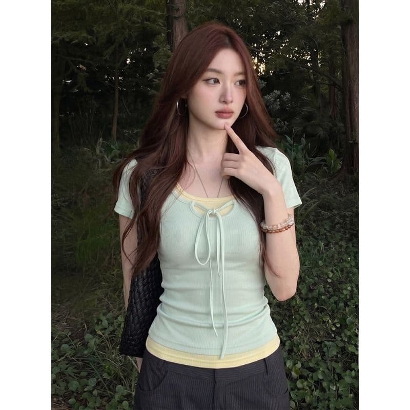 와 사고 방식 한 부서 박하 녹색 페이크 레이어드 광장 칼라 반팔 티셔츠 여성 여름 디자인 센스 핫걸 맨위 이미지 5