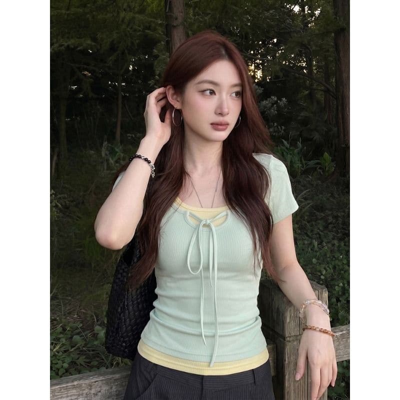 와 사고 방식 한 부서 박하 녹색 페이크 레이어드 광장 칼라 반팔 티셔츠 여성 여름 디자인 센스 핫걸 맨위 이미지 4