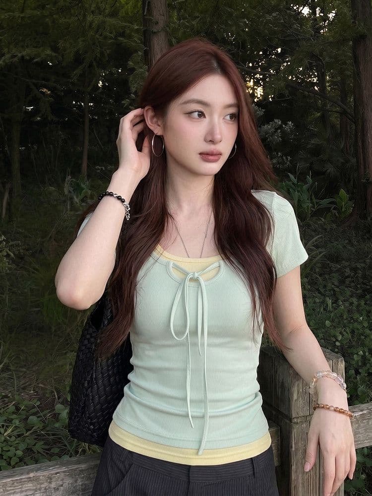 와 사고 방식 한 부서 박하 녹색 페이크 레이어드 광장 칼라 반팔 티셔츠 여성 여름 디자인 센스 핫걸 맨위 상세 이미지 4