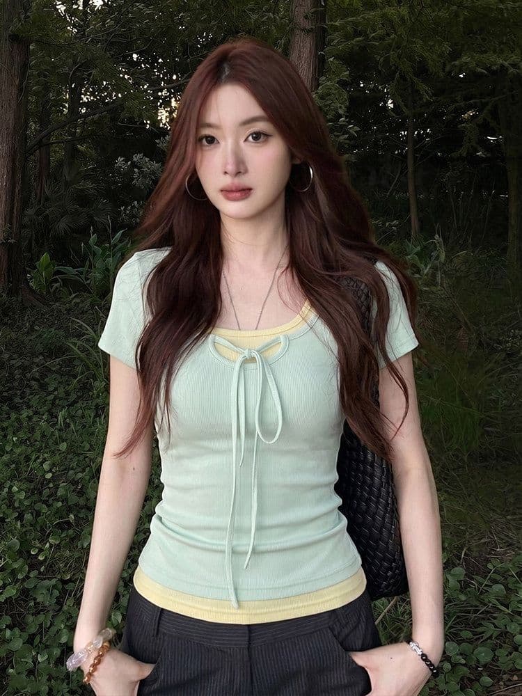 와 사고 방식 한 부서 박하 녹색 페이크 레이어드 광장 칼라 반팔 티셔츠 여성 여름 디자인 센스 핫걸 맨위 상세 이미지 6