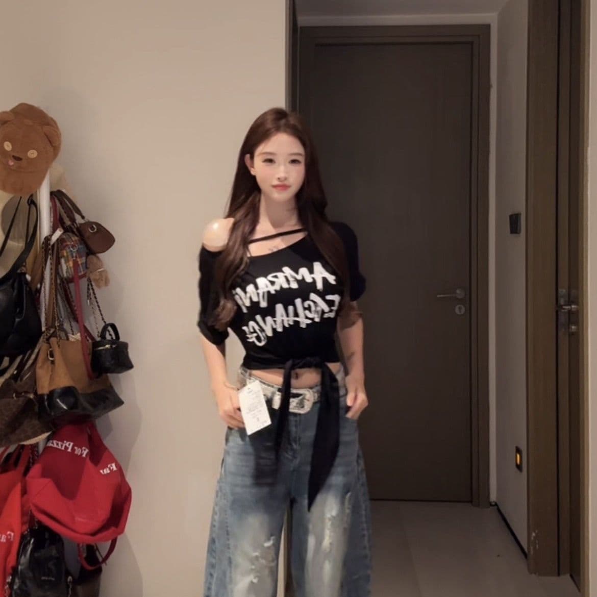 모달 사람들 면 260 그램 여름 새로운 비스듬한 오프숄더 알파벳 프린트 반팔 티셔츠 패션 스트랩 맨위 이미지 4