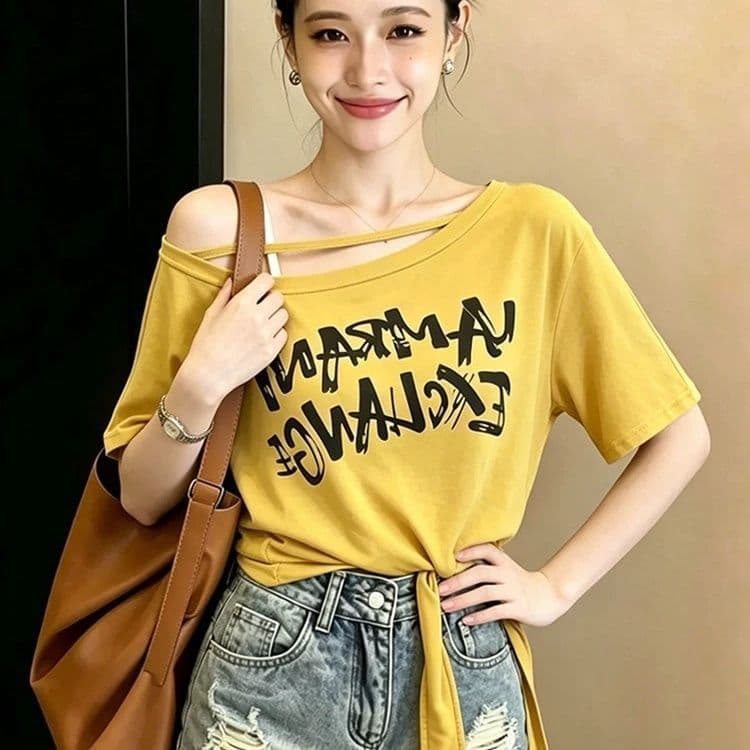 모달 사람들 면 260 그램 여름 새로운 비스듬한 오프숄더 알파벳 프린트 반팔 티셔츠 패션 스트랩 맨위 이미지 3