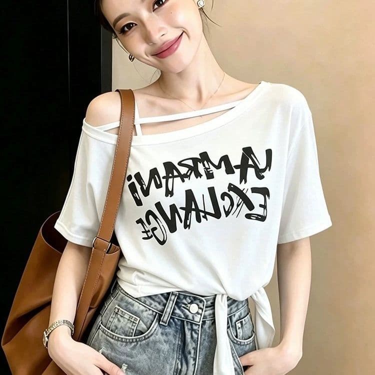 모달 사람들 면 260 그램 여름 새로운 비스듬한 오프숄더 알파벳 프린트 반팔 티셔츠 패션 스트랩 맨위 상세 이미지 4