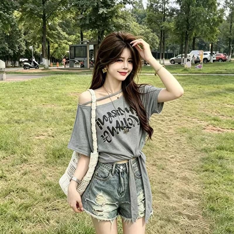 모달 사람들 면 260 그램 여름 새로운 비스듬한 오프숄더 알파벳 프린트 반팔 티셔츠 패션 스트랩 맨위 상세 이미지 6