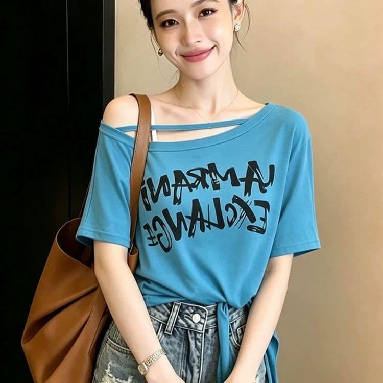 모달 사람들 면 260 그램 여름 새로운 비스듬한 오프숄더 알파벳 프린트 반팔 티셔츠 패션 스트랩 맨위 상세 이미지 7