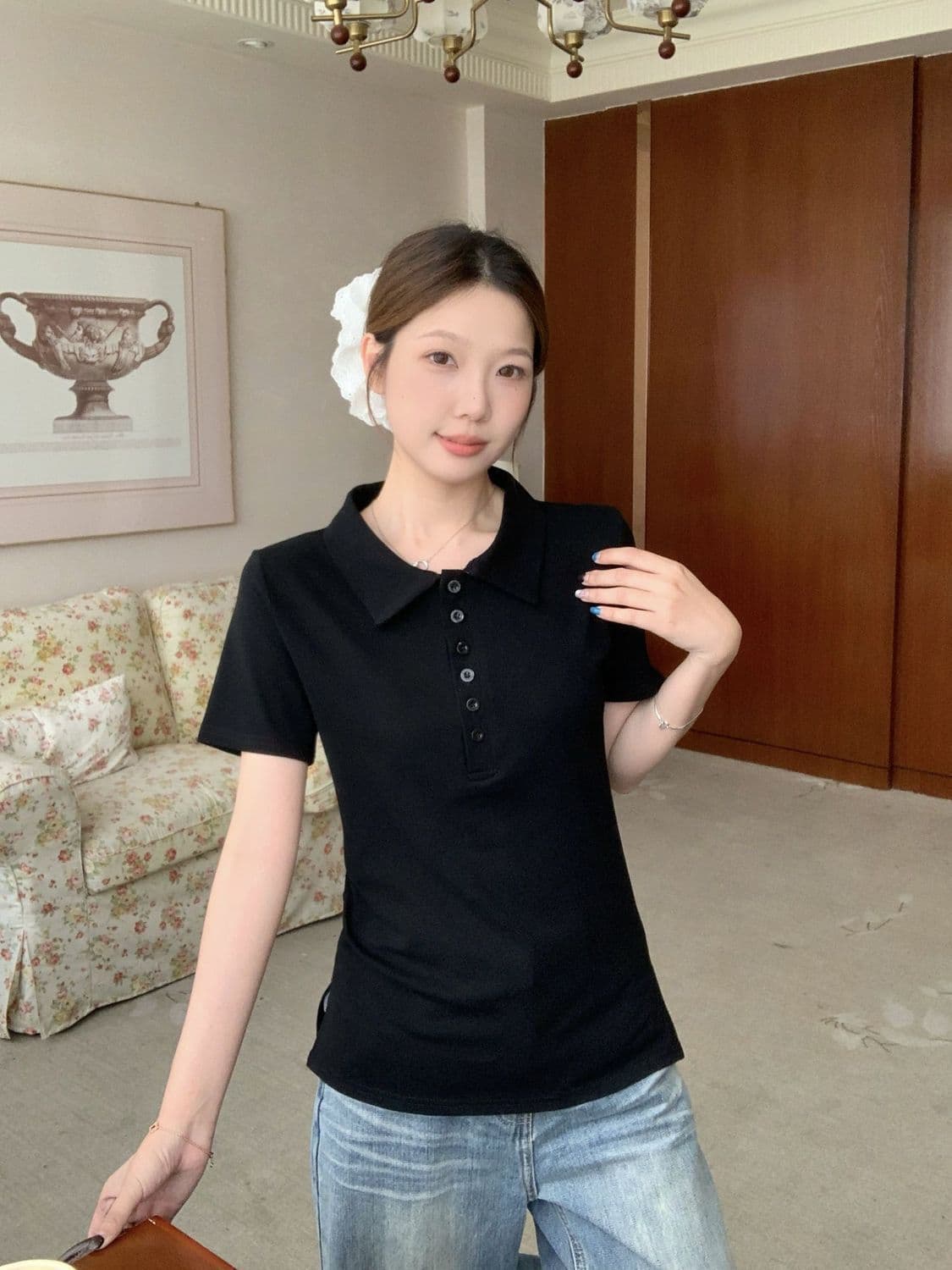 92 면 8 암모니아 200 kg 빅 사이즈 여성 의류 지방 mm 여름 새로운 POLO 칼라 반팔 티셔츠 맨위 상세 이미지 10