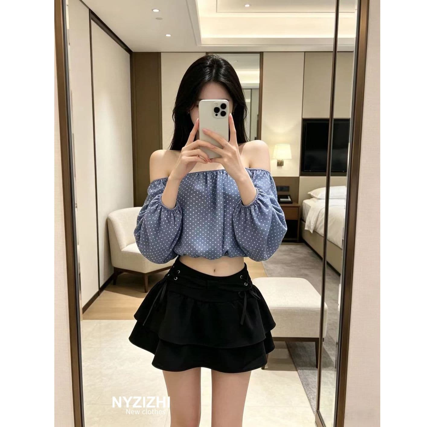 순수한 욕망 파란색 도트 무늬 오프숄더 긴팔 맨위 세트 여성 핫걸 스트랩 이중층 케이크 미니 스커트 투피스 세트 이미지 2