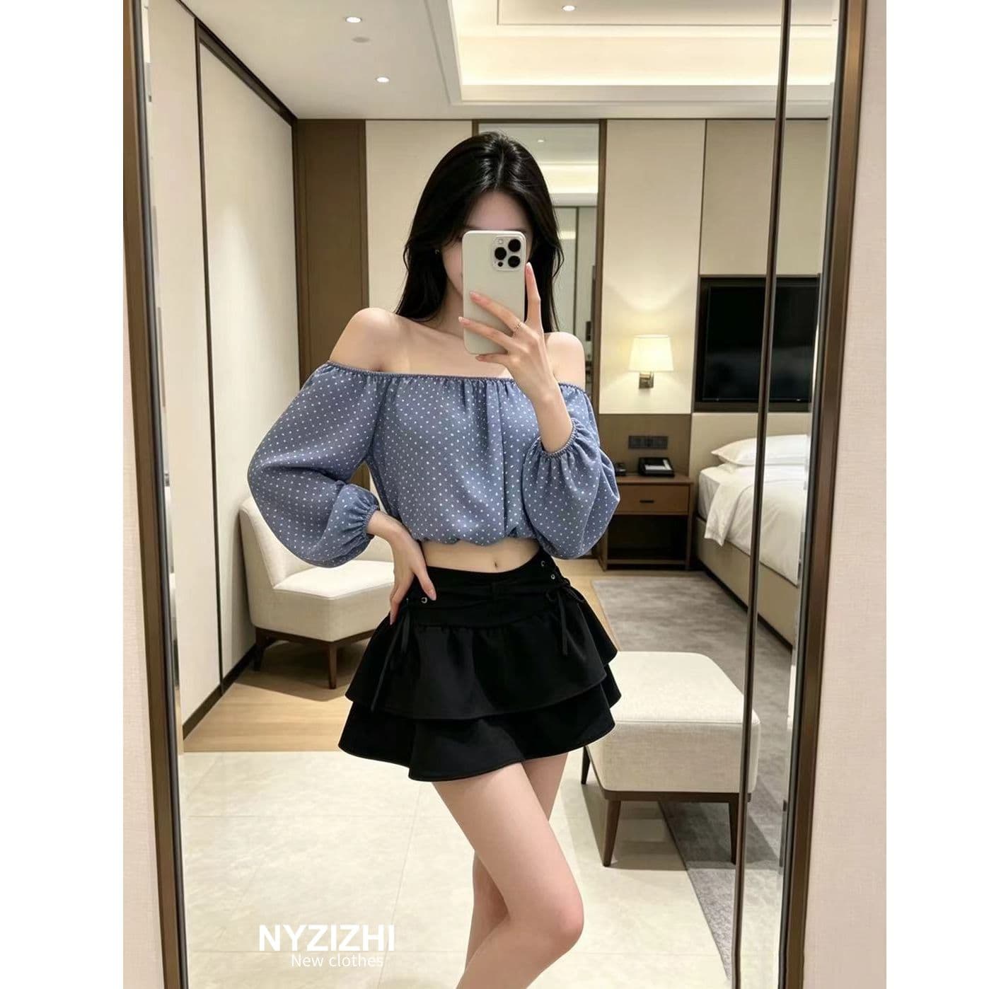 순수한 욕망 파란색 도트 무늬 오프숄더 긴팔 맨위 세트 여성 핫걸 스트랩 이중층 케이크 미니 스커트 투피스 세트 이미지 3